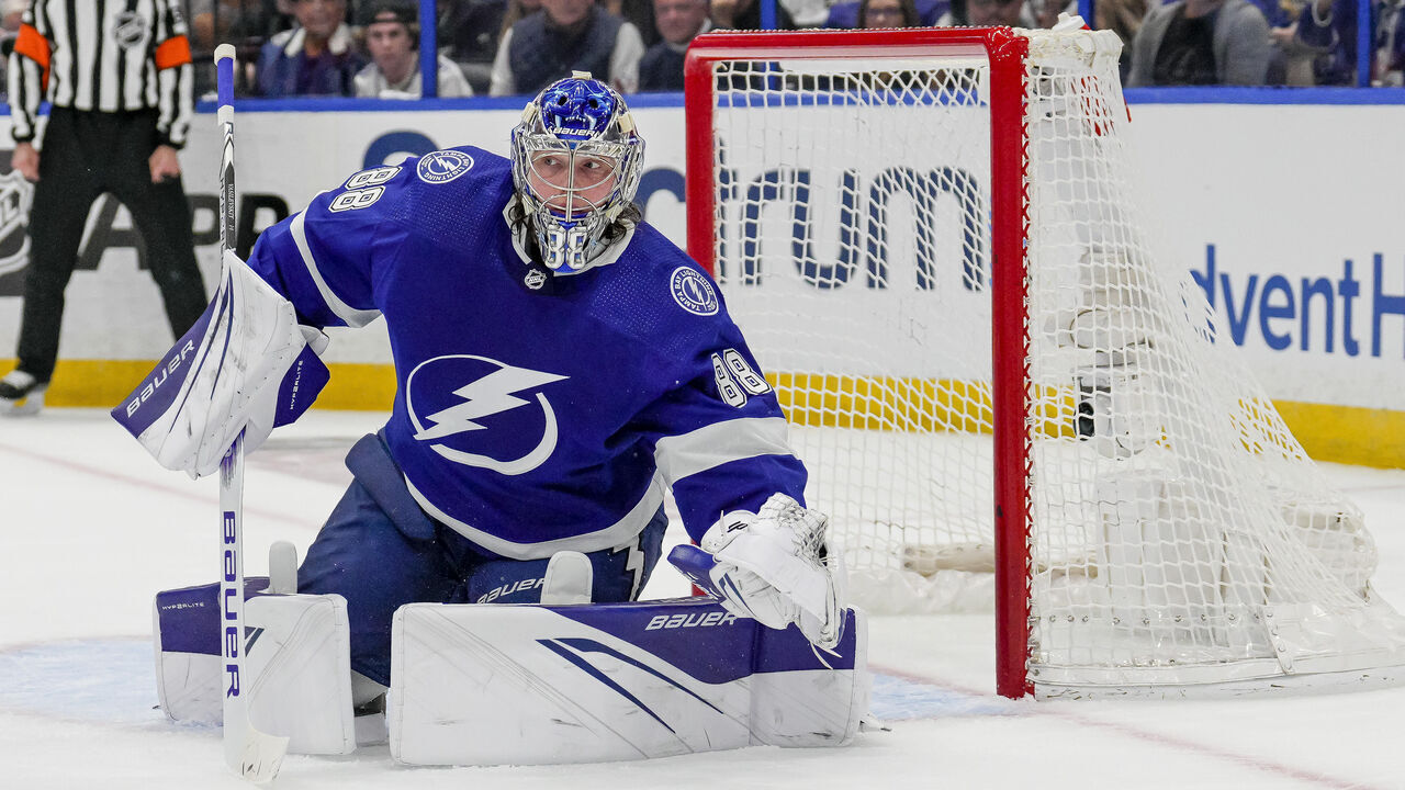 TAMPA, FL - APRIL 24: Tampa Bay Lightning goaltender Andrei Vasilevskiy (88) during Game Four in the First Round of the 2023 Stanley Cup Playoffs between the Tampa Bay Lightning and Toronto Maple Leafs on April 24th 2023 at Amalie Arena in Tampa, FL.