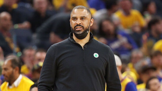 SAN FRANCISCO, CALIFORNIA - JUNE 02: Head coach Ime Udoka of the Boston Celtics looks on during the second quarter against the Golden State Warriors in Game One of the 2022 NBA Finals at Chase Center on June 02, 2022 in San Francisco, California. NOTE TO USER: User expressly acknowledges and agrees that, by downloading and/or using this photograph, User is consenting to the terms and conditions of the Getty Images License Agreement.