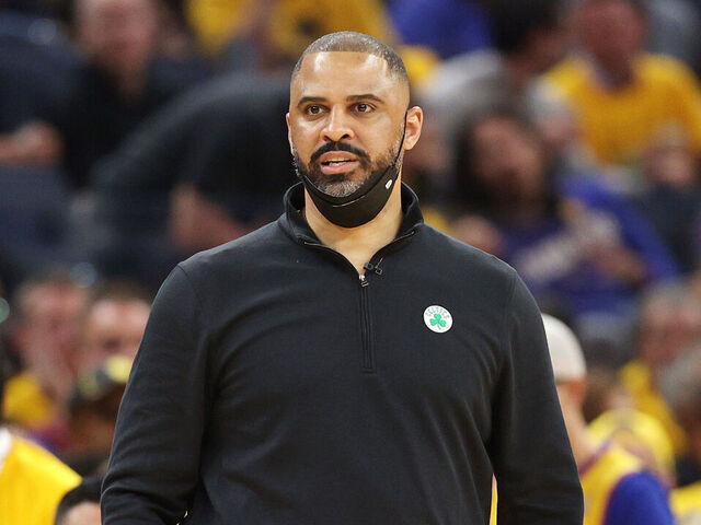 SAN FRANCISCO, CALIFORNIA - JUNE 02: Head coach Ime Udoka of the Boston Celtics looks on during the second quarter against the Golden State Warriors in Game One of the 2022 NBA Finals at Chase Center on June 02, 2022 in San Francisco, California. NOTE TO USER: User expressly acknowledges and agrees that, by downloading and/or using this photograph, User is consenting to the terms and conditions of the Getty Images License Agreement.
