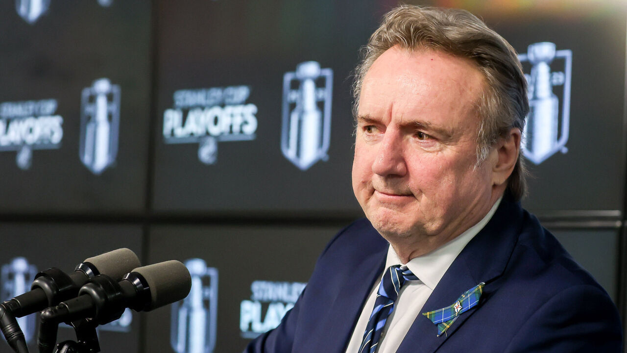 WINNIPEG, CANADA - APRIL 22: Head Coach Rick Bowness of the Winnipeg Jets takes part in the post-game press conference following a 5-4 double overtime loss to the Vegas Golden Knights in Game Three of the First Round of the 2023 Stanley Cup Playoffs at the Canada Life Centre on April 22, 2023 in Winnipeg, Manitoba, Canada.