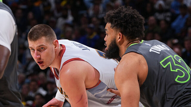 DENVER, CO - APRIL 25: Nikola Jokic #15 of the Denver Nuggets handles the ball during Round One Game Five of the 2023 NBA Playoffs against the Minnesota Timberwolves on April 25, 2023 at the Ball Arena in Denver, Colorado. NOTE TO USER: User expressly acknowledges and agrees that, by downloading and/or using this Photograph, user is consenting to the terms and conditions of the Getty Images License Agreement. Mandatory Copyright Notice: Copyright 2023 NBAE