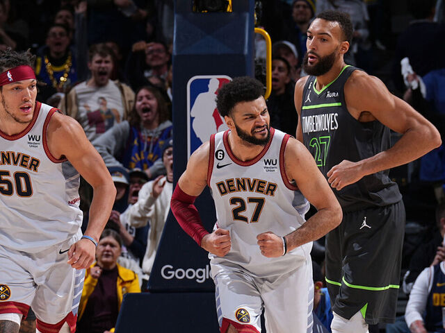 DENVER, CO - APRIL 25: Jamal Murray #27 of the Denver Nuggets celebrates during Round One Game Five of the 2023 NBA Playoffs against the Minnesota Timberwolves on April 25, 2023 at the Ball Arena in Denver, Colorado. NOTE TO USER: User expressly acknowledges and agrees that, by downloading and/or using this Photograph, user is consenting to the terms and conditions of the Getty Images License Agreement. Mandatory Copyright Notice: Copyright 2023 NBAE