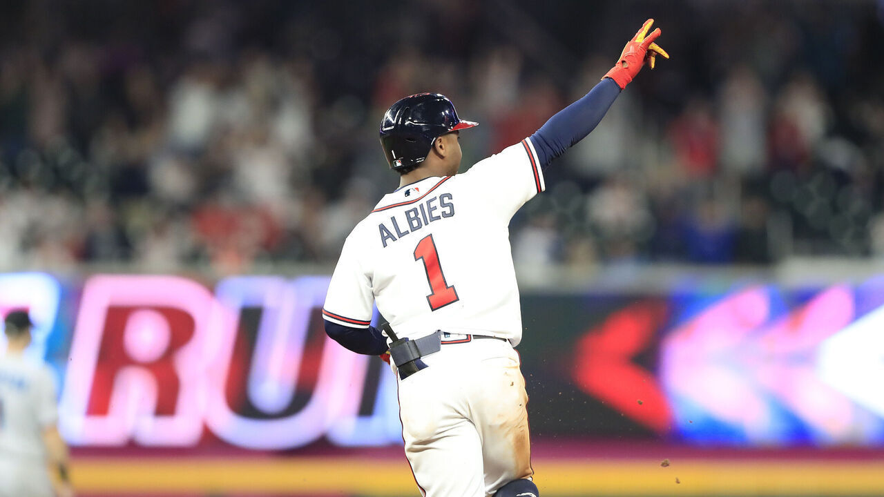 ATLANTA, GA - APRIL 25: Atlanta Braves second baseman Ozzie Albies (1) points to the stands after hitting his second home run during the Tuesday evening MLB game between the Atlanta Braves and the Miami Marlins on April 25, 2023 at Truist Park in Atlanta, Georgia.