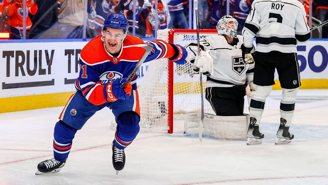 EDMONTON, AB - APRIL 25: Edmonton Oilers Center Ryan McLeod (71) celebrates a goal scored by Edmonton Oilers Left Wing Evander Kane (91) in the first period of game two in the Western Conference First Round of the Edmonton Oilers versus the Los Angeles Kings on April 25, 2023 at Rogers Place in Edmonton, AB.