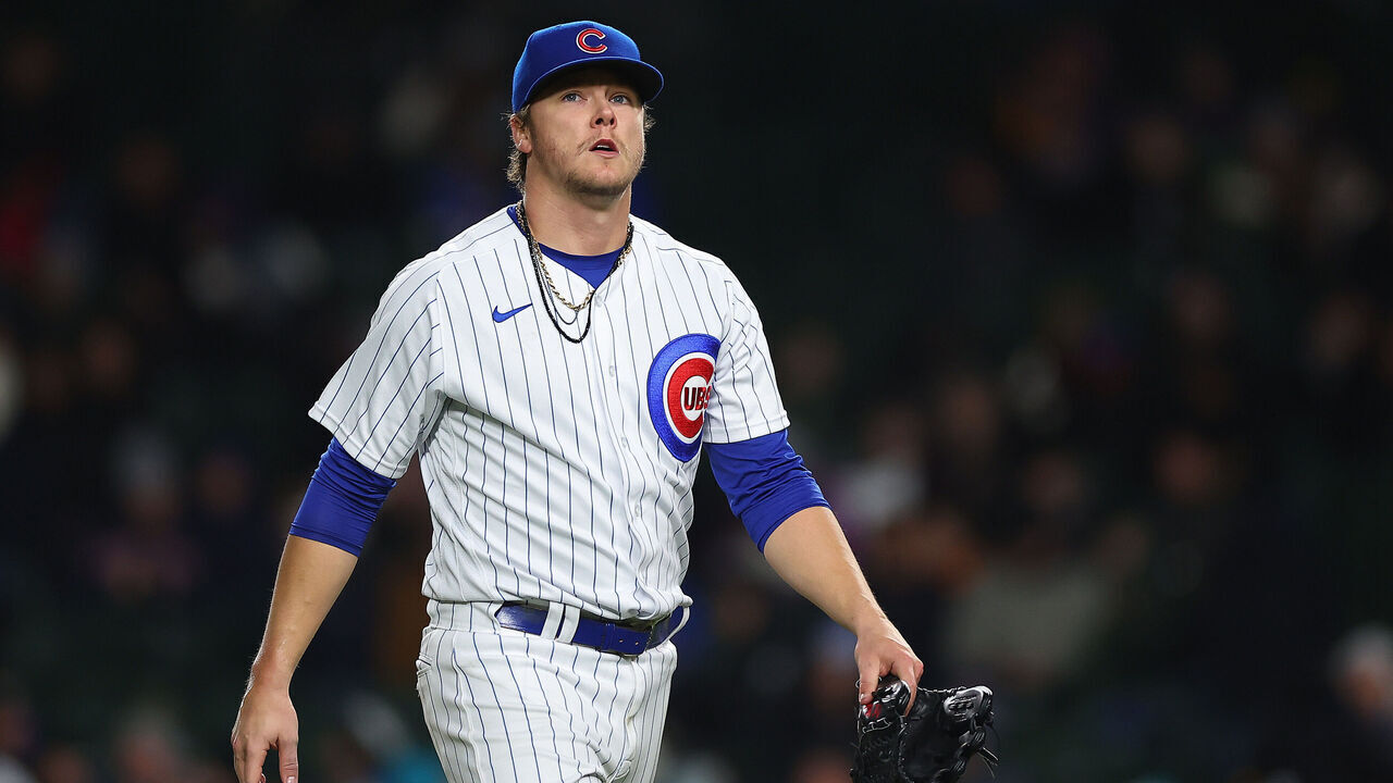 CHICAGO, ILLINOIS - APRIL 25: Justin Steele #35 of the Chicago Cubs reacts after being removed from the game during the sixth inning against the San Diego Padres at Wrigley Field on April 25, 2023 in Chicago, Illinois.