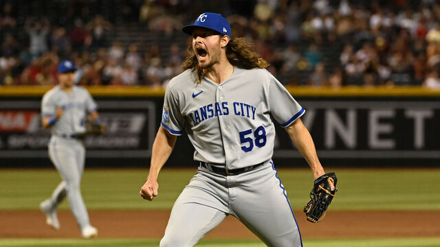 PHOENIX, ARIZONA - APRIL 25: Scott Barlow #58 of the Kansas City Royals reacts after getting the last out of the game against the Arizona Diamondbacks for a 5-4 win at Chase Field on April 25, 2023 in Phoenix, Arizona.