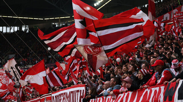 DUESSELDORF, GERMANY - MARCH 31: Fans show their support prior to the Second Bundesliga match between Fortuna Düsseldorf and Hamburger SV at Merkur Spiel-Arena on March 31, 2023 in Duesseldorf, Germany.