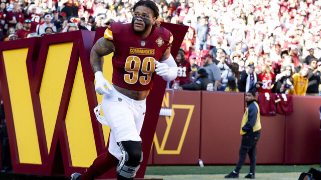 LANDOVER, MARYLAND - JANUARY 01: Chase Young #99 of the Washington Commanders takes the field prior to a game against the Cleveland Browns at FedExField on January 01, 2023 in Landover, Maryland.