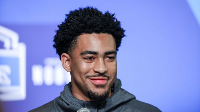 INDIANAPOLIS, IN - MARCH 03: Quarterback Bryce Young of Alabama speaks to the media during the NFL Combine at Lucas Oil Stadium on March 3, 2023 in Indianapolis, Indiana.
