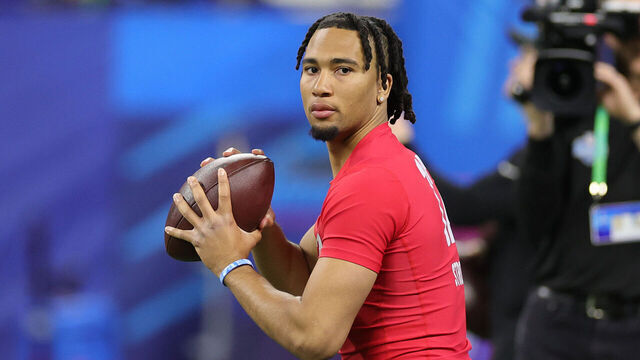 INDIANAPOLIS, INDIANA - MARCH 04: CJ Stroud of Ohio State participates in a drill during the NFL Combine at Lucas Oil Stadium on March 04, 2023 in Indianapolis, Indiana.