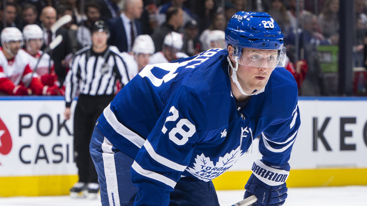 TORONTO, ON - APRIL 2: Sam Lafferty #28 of the Toronto Maple Leafs waits on a face off against the Detroit Red Wings during the first period at the Scotiabank Arena on April 2, 2023 in Toronto, Ontario, Canada.