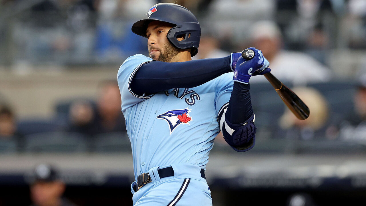 NEW YORK, NEW YORK - APRIL 21: George Springer #4 of the Toronto Blue Jays hits a double in the first inning against the New York Yankees at Yankee Stadium on April 21, 2023 in the Bronx borough of New York City.