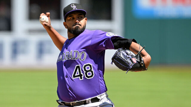 CLEVELAND, OHIO - APRIL 26: Starting pitcher German Marquez #48 of the Colorado Rockies pitches during the first inning against the Cleveland Guardians at Progressive Field on April 26, 2023 in Cleveland, Ohio.