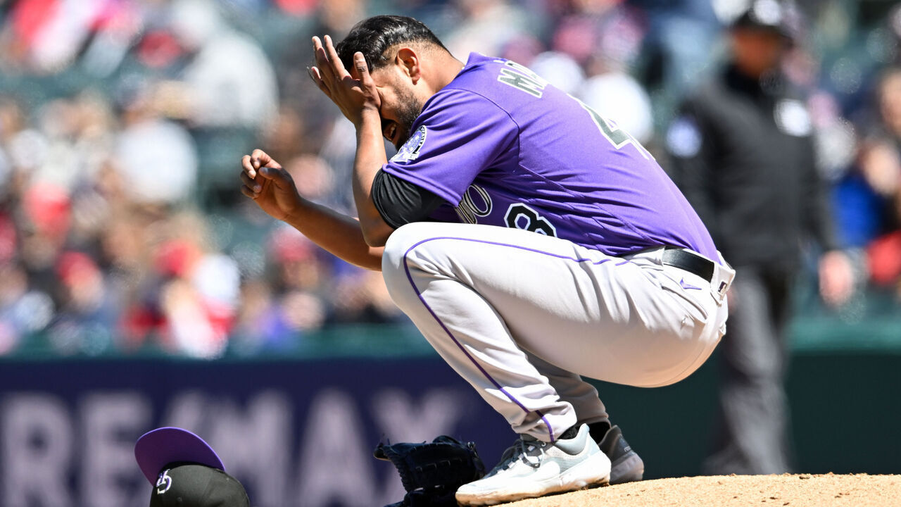 CLEVELAND, OHIO - APRIL 26: German Marquez #48 of the Colorado Rockies reacts after being injured during the fourth inning against the Cleveland Guardians at Progressive Field on April 26, 2023 in Cleveland, Ohio.