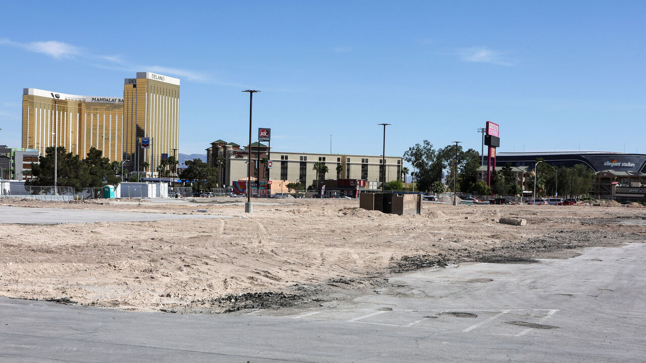 LAS VEGAS, NEVADA - APRIL 21: A view shows Mandalay Bay Resort and Casino and Delano Las Vegas (L) on the Las Vegas Strip and Allegiant Stadium (R), home of the NFL's Las Vegas Raiders, behind the site that the Oakland Athletics agreed in principle to purchase from Red Rock Resorts Inc. for a potential new ballpark on April 21, 2023 in Las Vegas, Nevada. The A's President Dave Kaval said the deal for the 49-acre plot of land, formerly the home of Wild Wild West Gambling Hall & Hotel, could be used to relocate the Major League Baseball franchise from Oakland to Las Vegas. The team will now work on a public-private partnership to build a USD 1.5 billion, 30,000-to-35,000-seat, partially retractable-roof stadium in time for the 2027 season.