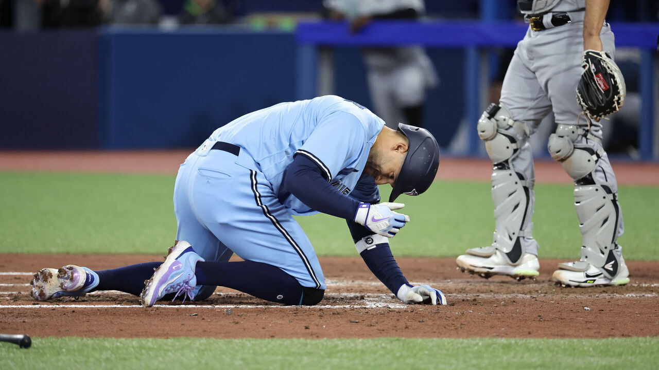 TORONTO, ON - April 26 the Jays George Springer got hit by a pitch in the third and later left the game. The Toronto Blue Jays beat the Chicago White Sox 8-0 in the third of a 3 game series in MLB baseball action at the Rogers Centre. April 26 2023 (Richard Lautens/Toronto Star via Getty Images)