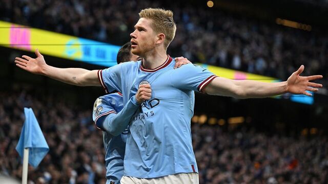 Manchester City's Belgian midfielder Kevin De Bruyne celebrates scoring the opening goal during the English Premier League football match between Manchester City and Arsenal at the Etihad Stadium in Manchester, north west England, on April 26, 2023.