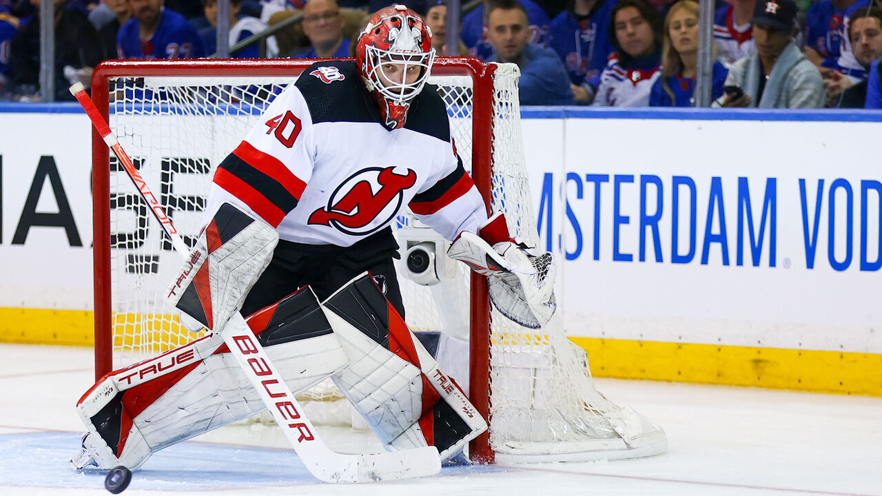 NEW YORK, NY - APRIL 22: New Jersey Devils Goalie Akira Schmid (40) in action during Game 3 of the National Hockey League Eastern Conference First Round between the New Jersey Devils and the New York Rangers on April 22, 2023 at Madison Square Garden in New York, NY.