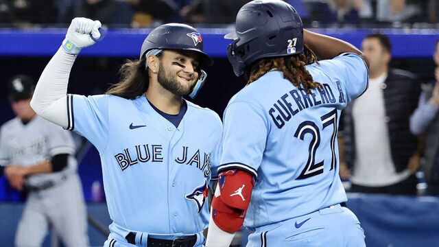 TORONTO, ON - April 26 the Jays Bo Bichette celebrates his solo homer in the 7th with Vladimir Guerrero Jr. The Toronto Blue Jays beat the Chicago White Sox 8-0 in the third of a 3 game series in MLB baseball action at the Rogers Centre. April 26 2023 (Richard Lautens/Toronto Star via Getty Images)