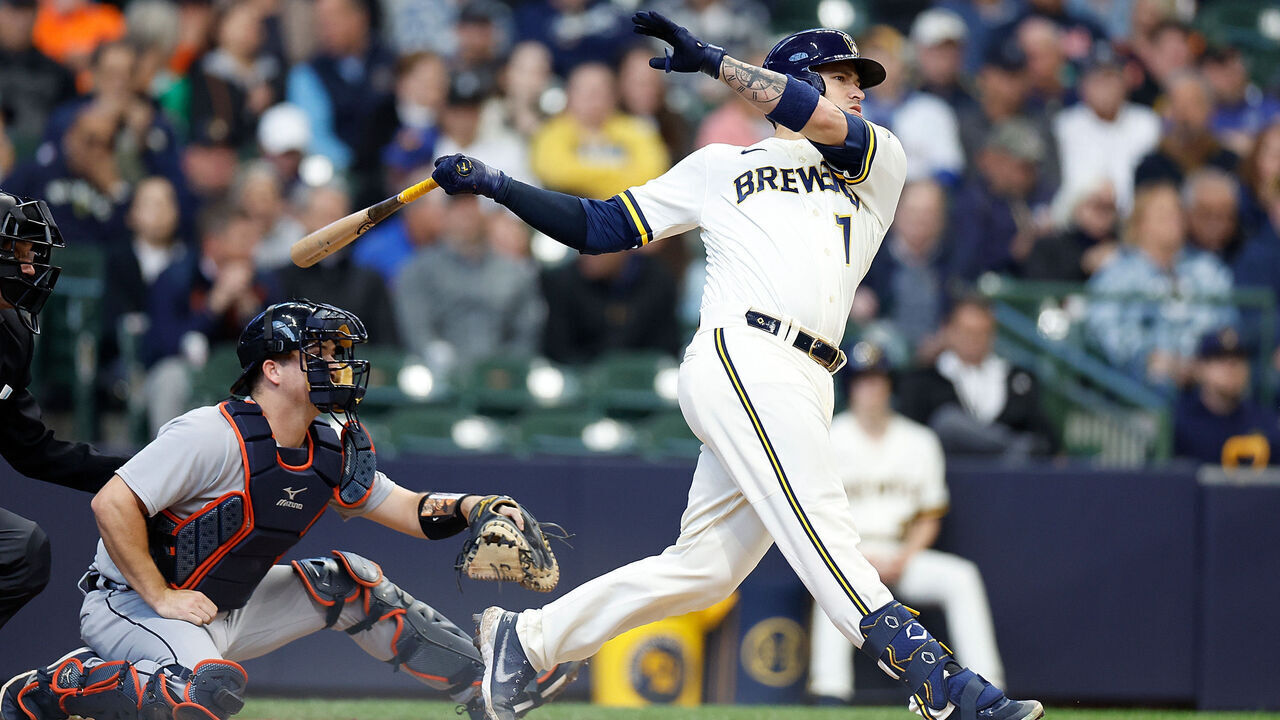 MILWAUKEE, WISCONSIN - APRIL 26: Victor Caratini #7 of the Milwaukee Brewers hits a two-run homer in the third inning against the Detroit Tigers at American Family Field on April 26, 2023 in Milwaukee, Wisconsin.