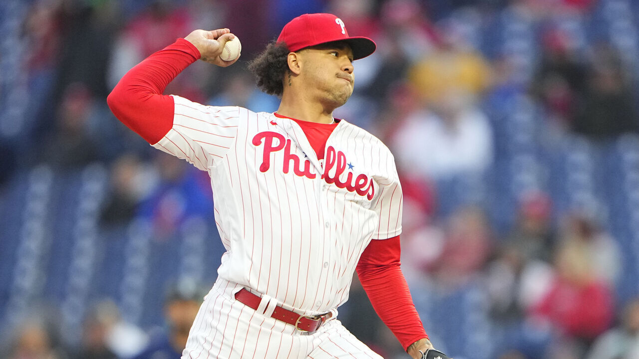 PHILADELPHIA, PA - APRIL 26: Philadelphia Phillies Pitcher Taijuan Walker (99) delivers a pitch during the first inning of the Major League Baseball game between the Seattle Mariners and the Philadelphia Phillies on April 26, 2023, at Citizens Bank Park in Philadelphia, PA.