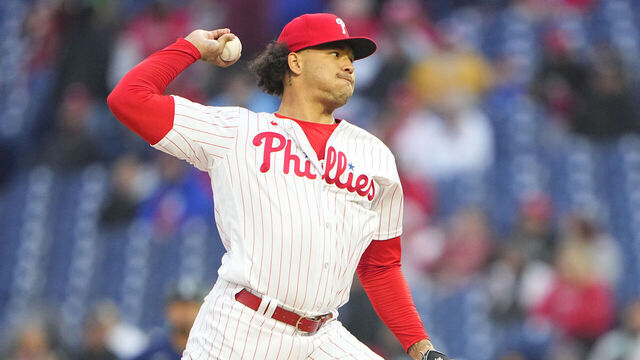 PHILADELPHIA, PA - APRIL 26: Philadelphia Phillies Pitcher Taijuan Walker (99) delivers a pitch during the first inning of the Major League Baseball game between the Seattle Mariners and the Philadelphia Phillies on April 26, 2023, at Citizens Bank Park in Philadelphia, PA.