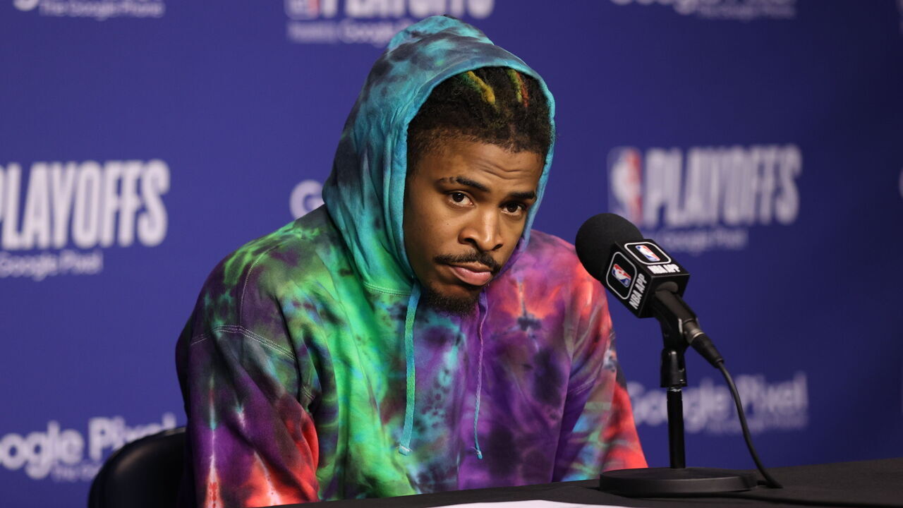 MEMPHIS, TN - APRIL 26: Ja Morant #12 of the Memphis Grizzlies speaks to the media after Round 1 Game 5 of the 2023 NBA Playoffs against the Los Angeles Lakers on April 26, 2023 at FedExForum in Memphis, Tennessee. Mandatory Copyright Notice: Copyright 2023 NBAE