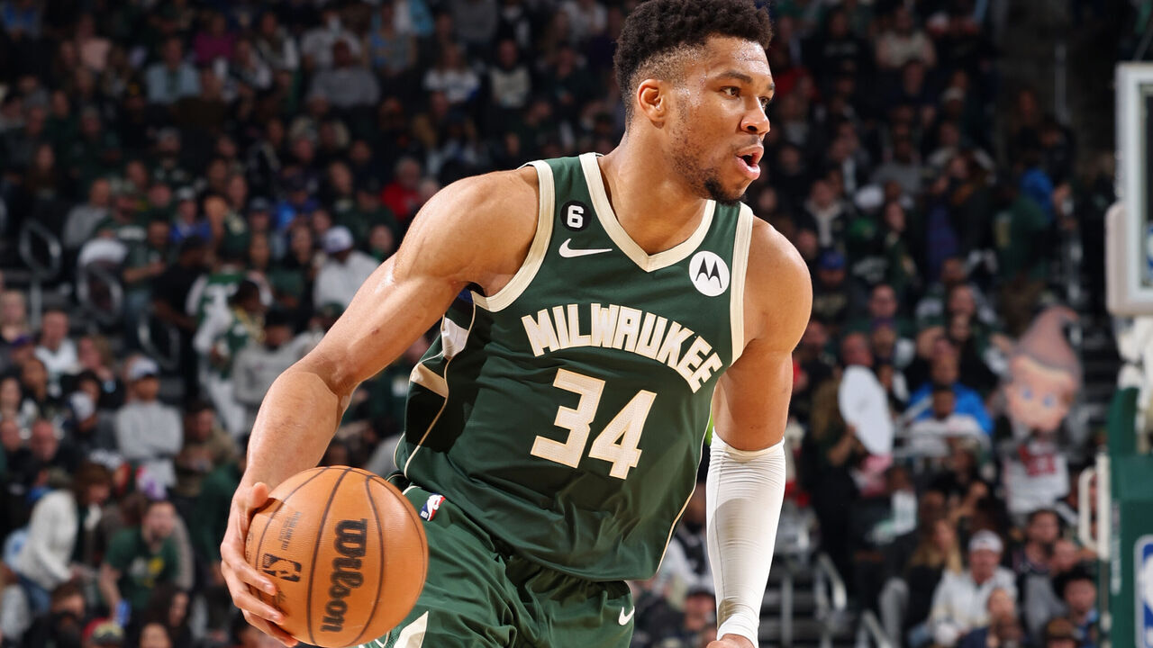 MILWAUKEE, WI - APRIL 26: Giannis Antetokounmpo #34 of the Milwaukee Bucks dribbles the ball against the Miami Heat during Round 1 Game 5 of the 2023 NBA Playoffs on April 26, 2023 at the Fiserv Forum Center in Milwaukee, Wisconsin. Mandatory Copyright Notice: Copyright 2023 NBAE .
