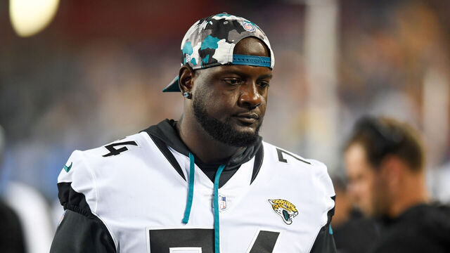 CANTON, OH - AUGUST 04: Cam Robinson #74 of the Jacksonville Jaguars looks on during the first half of the 2022 Pro Football Hall of Fame Game against the Las Vegas Raiders at Tom Benson Hall of Fame Stadium on August 04, 2022 in Canton, Ohio.