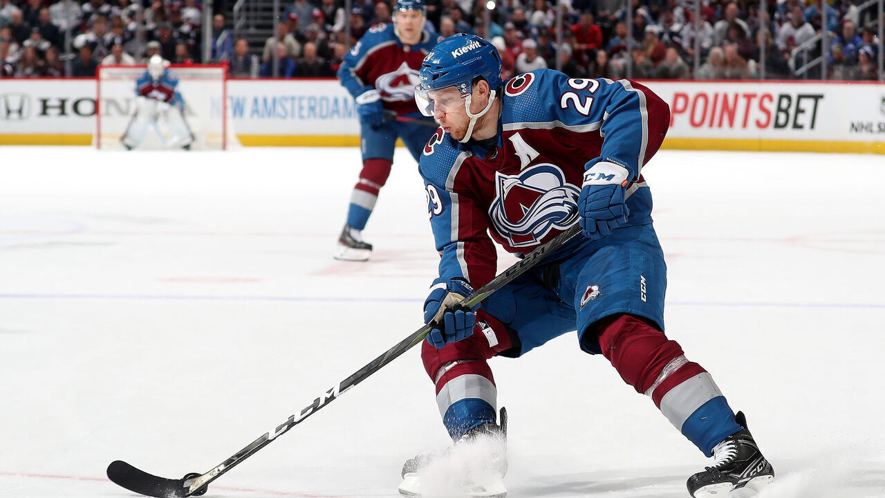DENVER, COLORADO - APRIL 26: Nathan MacKinnon #29 of the Colorado Avalanche skates against the Seattle Kraken in Game Five of the First Round of the 2023 Stanley Cup Playoffs at Ball Arena on April 26, 2023 in Denver, Colorado.