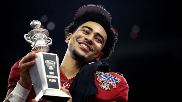 NEW ORLEANS, LOUISIANA - DECEMBER 31: Bryce Young #9 of the Alabama Crimson Tide celebrates after recieving MVP award during of the Allstate Sugar Bowl against the Kansas State Wildcats at Caesars Superdome on December 31, 2022 in New Orleans, Louisiana. Alabama Crimson Tide won the game 45 - 20.