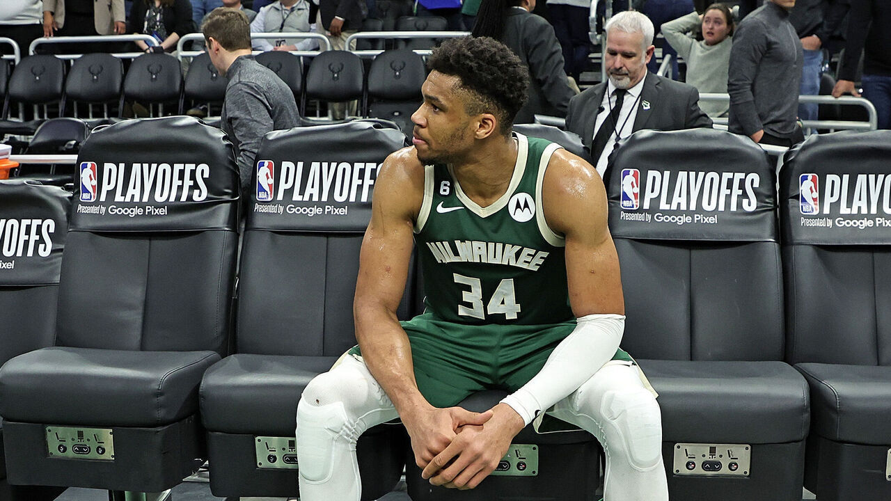MILWAUKEE, WISCONSIN - APRIL 26: Giannis Antetokounmpo #34 of the Milwaukee Bucks sits on the bench after losing Game 5 of the Eastern Conference First Round Playoffs against the Miami Heat in overtime at Fiserv Forum on April 26, 2023 in Milwaukee, Wisconsin.