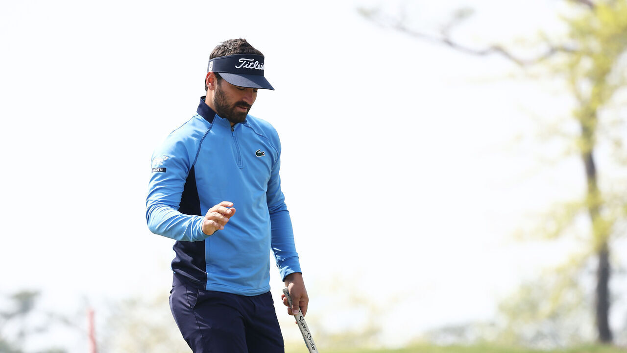 INCHEON, SOUTH KOREA - APRIL 27: Antoine Rozner of France reacts after a birdie putt on the eighteenth green on Day One of the Korea Championship Presented by Genesis at Jack Nicklaus GC Korea on April 27, 2023 in South Korea.