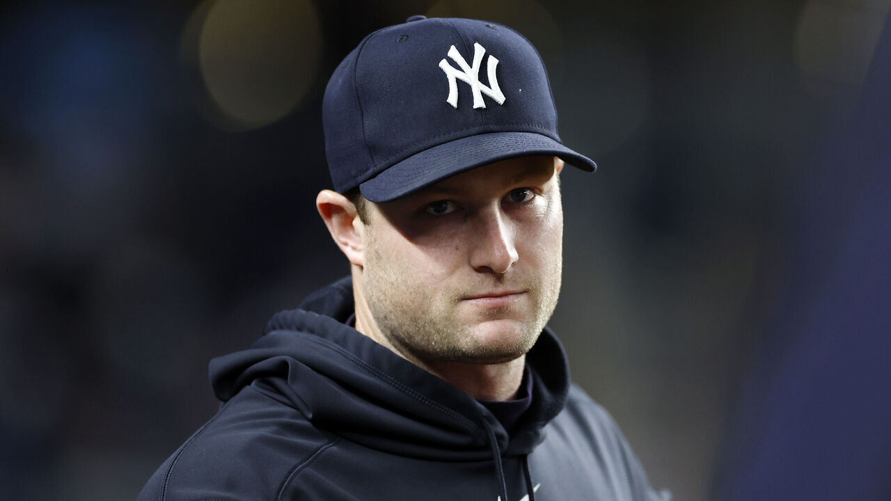 NEW YORK, NEW YORK - APRIL 19: Gerrit Cole #45 of the New York Yankees looks on in the dugout during the sixth inning against the Los Angeles Angels at Yankee Stadium on April 19, 2023 in the Bronx borough of New York City.
