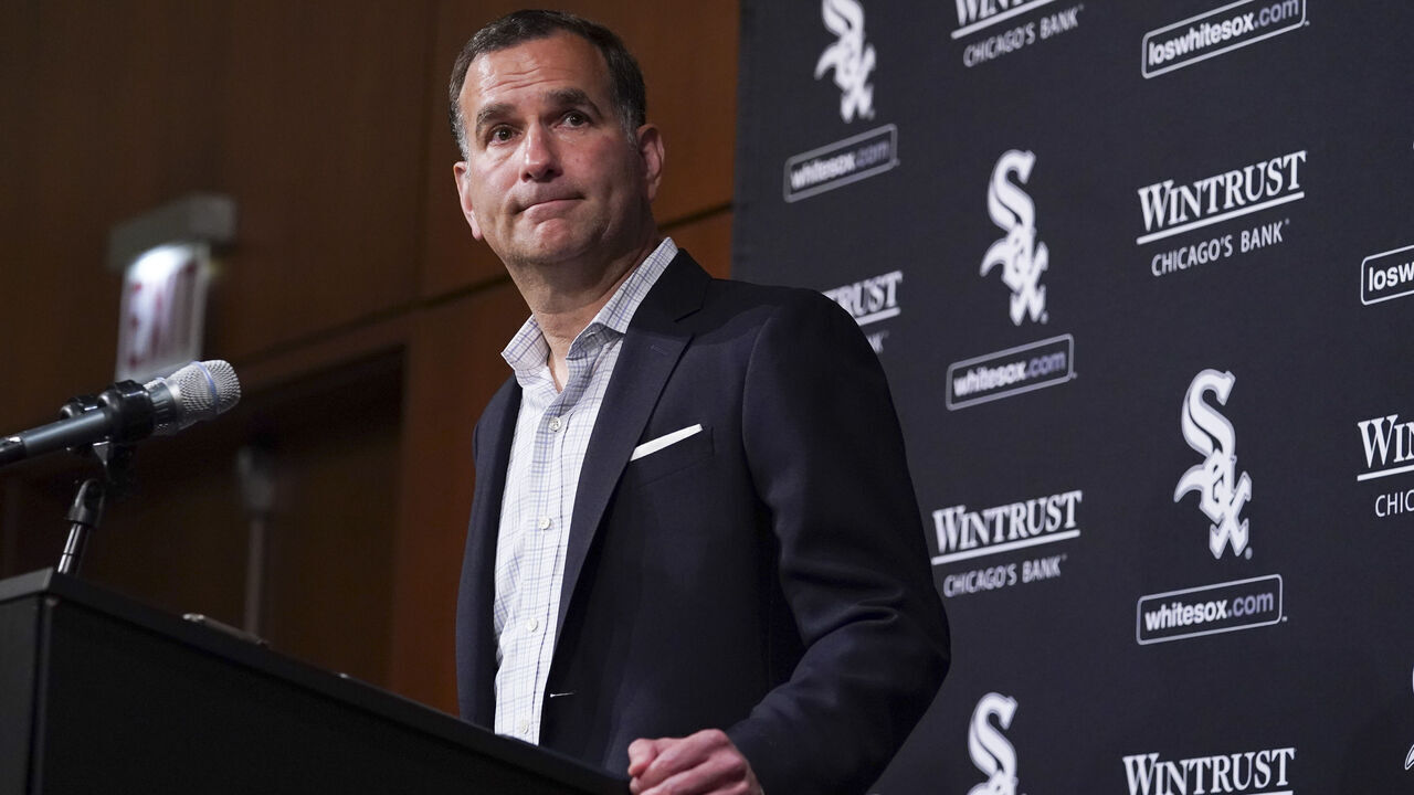 CHICAGO, ILLINOIS - OCTOBER 03: Vice President/General Manager Rick Hahn Senior of the Chicago White Sox speaks during a press conference prior to a game between the Chicago White Sox and the Minnesota Twins at Guaranteed Rate Field on October 03, 2022 in Chicago, Illinois.