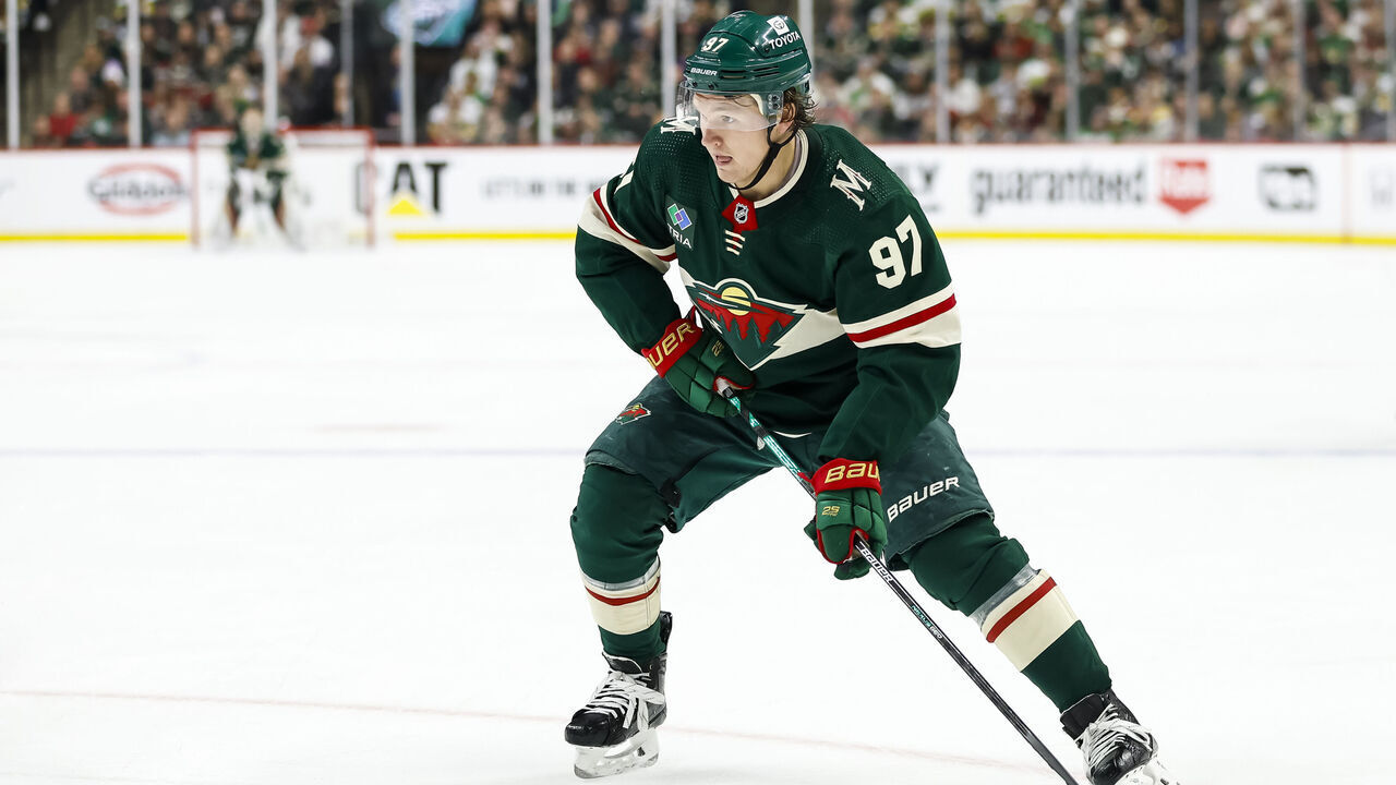 ST PAUL, MN - APRIL 21: Kirill Kaprizov #97 of the Minnesota Wild skates with the puck against the Dallas Stars in the second period of Game Three of the First Round of the 2023 Stanley Cup Playoffs at Xcel Energy Center on April 21, 2023 in St Paul, Minnesota. The Wild defeated the Stars 2-1 to take a 2-1 series lead.