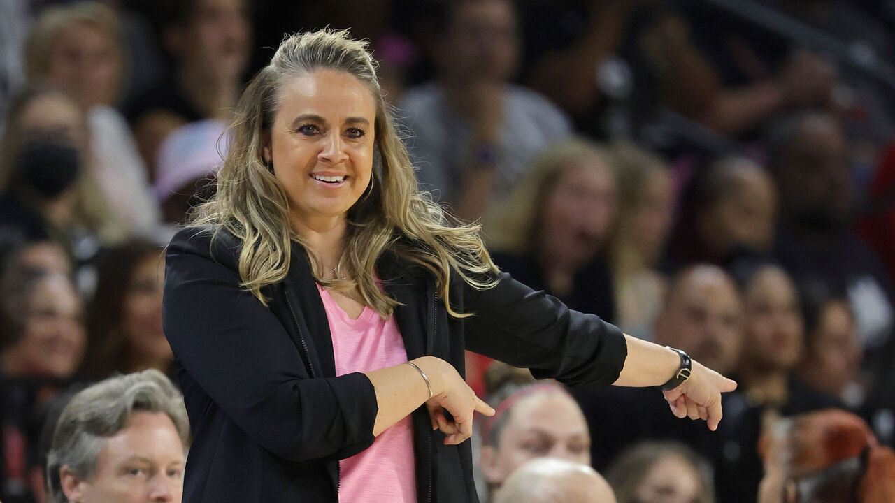 LAS VEGAS, NEVADA - AUGUST 11: Head coach Becky Hammon of the Las Vegas Aces gestures during a game against the Chicago Sky at Michelob ULTRA Arena on August 11, 2022 in Las Vegas, Nevada. The Aces defeated the Sky 89-78.