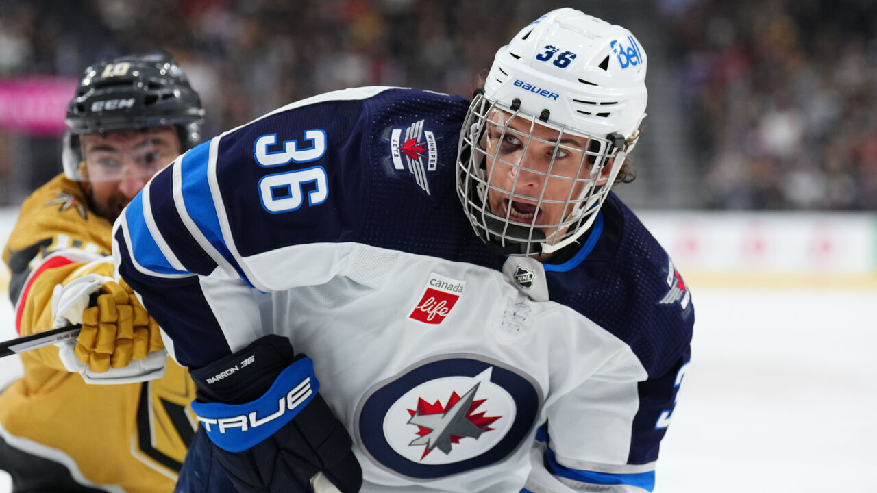 LAS VEGAS, NEVADA - APRIL 20: Morgan Barron #36 of the Winnipeg Jets skates during the third period against the Vegas Golden Knights in Game Two of the First Round of the 2023 Stanley Cup Playoffs at T-Mobile Arena on April 20, 2023 in Las Vegas, Nevada.