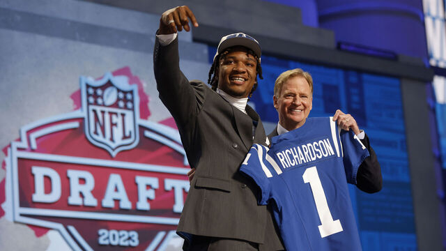 KANSAS CITY, MISSOURI - APRIL 27: (L-R) Anthony Richardson poses with NFL Commissioner Roger Goodell after being selected fourth overall by the Indianapolis Colts during the first round of the 2023 NFL Draft at Union Station on April 27, 2023 in Kansas City, Missouri.