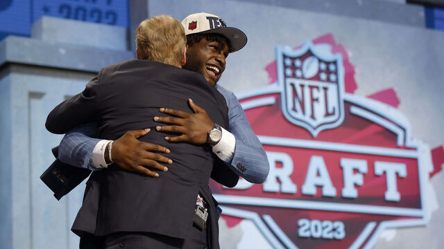 KANSAS CITY, MISSOURI - APRIL 27: (L-R) Will Anderson Jr. hugs with NFL Commissioner Roger Goodell after being selected third overall by the Houston Texans during the first round of the 2023 NFL Draft at Union Station on April 27, 2023 in Kansas City, Missouri.