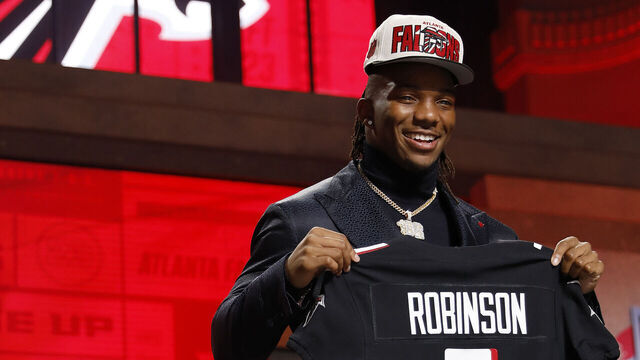 KANSAS CITY, MISSOURI - APRIL 27: Bijan Robinson poses after being selected eighth overall by the Atlanta Falcons during the first round of the 2023 NFL Draft at Union Station on April 27, 2023 in Kansas City, Missouri.