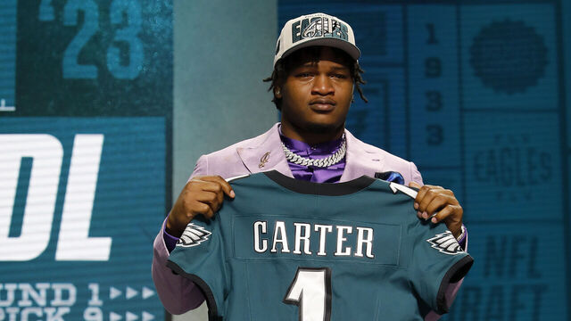 KANSAS CITY, MISSOURI - APRIL 27: Jalen Carter poses after being selected ninth overall by the Philadelphia Eagles during the first round of the 2023 NFL Draft at Union Station on April 27, 2023 in Kansas City, Missouri.