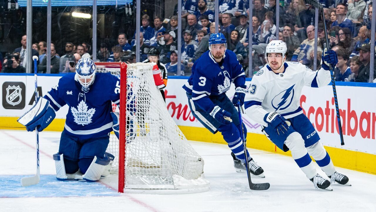 TORONTO, ON - APRIL 27: Tampa Bay Lightning Winger Michael Eyssimont (23) celebrates his goal during the second period of the Round 1 NHL Stanley Cup Playoffs Game 5 between the Tampa Bay Lightning and the Toronto Maple Leafs on April 27, 2023, at Scotiabank Arena in Toronto, ON, Canada.