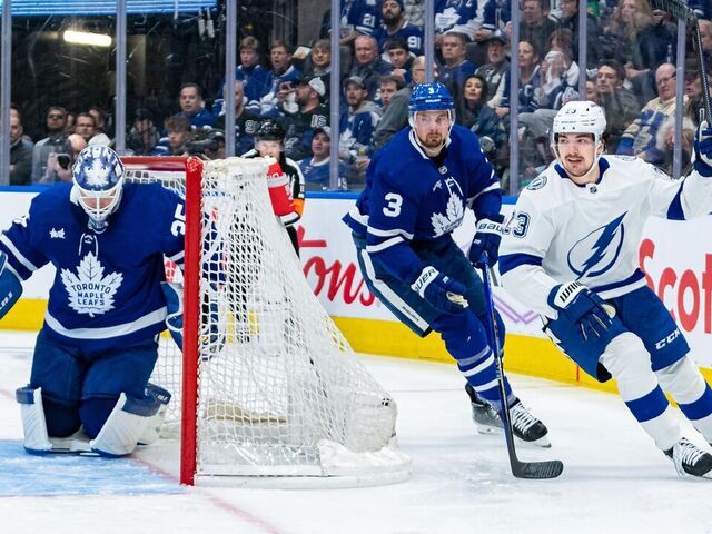TORONTO, ON - APRIL 27: Tampa Bay Lightning Winger Michael Eyssimont (23) celebrates his goal during the second period of the Round 1 NHL Stanley Cup Playoffs Game 5 between the Tampa Bay Lightning and the Toronto Maple Leafs on April 27, 2023, at Scotiabank Arena in Toronto, ON, Canada.