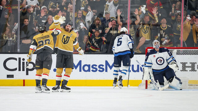 LAS VEGAS, NEVADA - APRIL 27: Chandler Stephenson #20 of the Vegas Golden Knights celebrates with teammates after a goal during the second period against the Winnipeg Jets in Game Five of the First Round of the 2023 Stanley Cup Playoffs at T-Mobile Arena on April 27, 2023 in Las Vegas, Nevada.