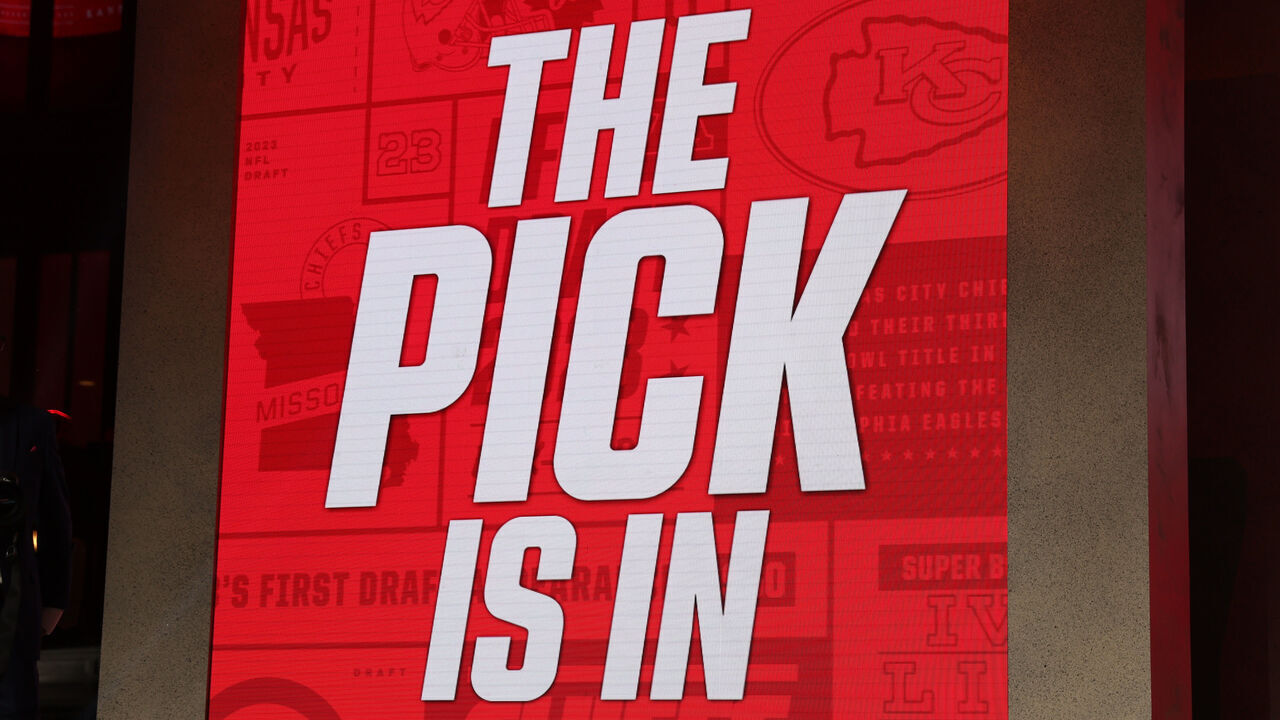 KANSAS CITY, MO - APRIL 27: The video board shows "The Pick Is In" for the Kansas City Chiefs in the first round of the NFL Draft Red Carpet event on April 27, 2023 at Union Station in Kansas City, MO.