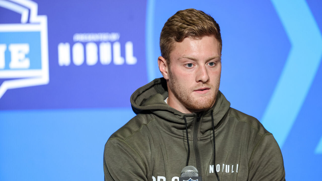 INDIANAPOLIS, IN - MARCH 03: Quarterback Will Levis of Kentucky speaks to the media during the NFL Combine at Lucas Oil Stadium on March 3, 2023 in Indianapolis, Indiana.