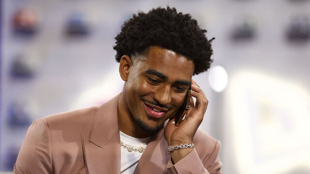 KANSAS CITY, MO - APRIL 27: Bryce Young receives a phone call in the green room backstage before being drafted number one overall by the Carolina Panthers during the first round of the 2023 NFL Draft at Union Station on April 27, 2023 in Kansas City, Missouri.