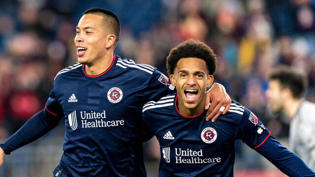 FOXBOROUGH, MA - APRIL 8: Bobby Wood #17 of New England Revolution celebrates his goal with teammates during a game between CF Montreal and New England Revolution at Gillette Stadium on April 8, 2023 in Foxborough, Massachusetts. .