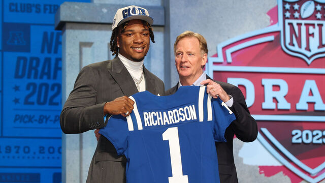 KANSAS CITY, MO - APRIL 27: Florida quarterback Anthony Richardson with commissioner Roger Goodell after being drafted in the first round of the NFL Draft Red Carpet event on April 27, 2023 at Union Station in Kansas City, MO.